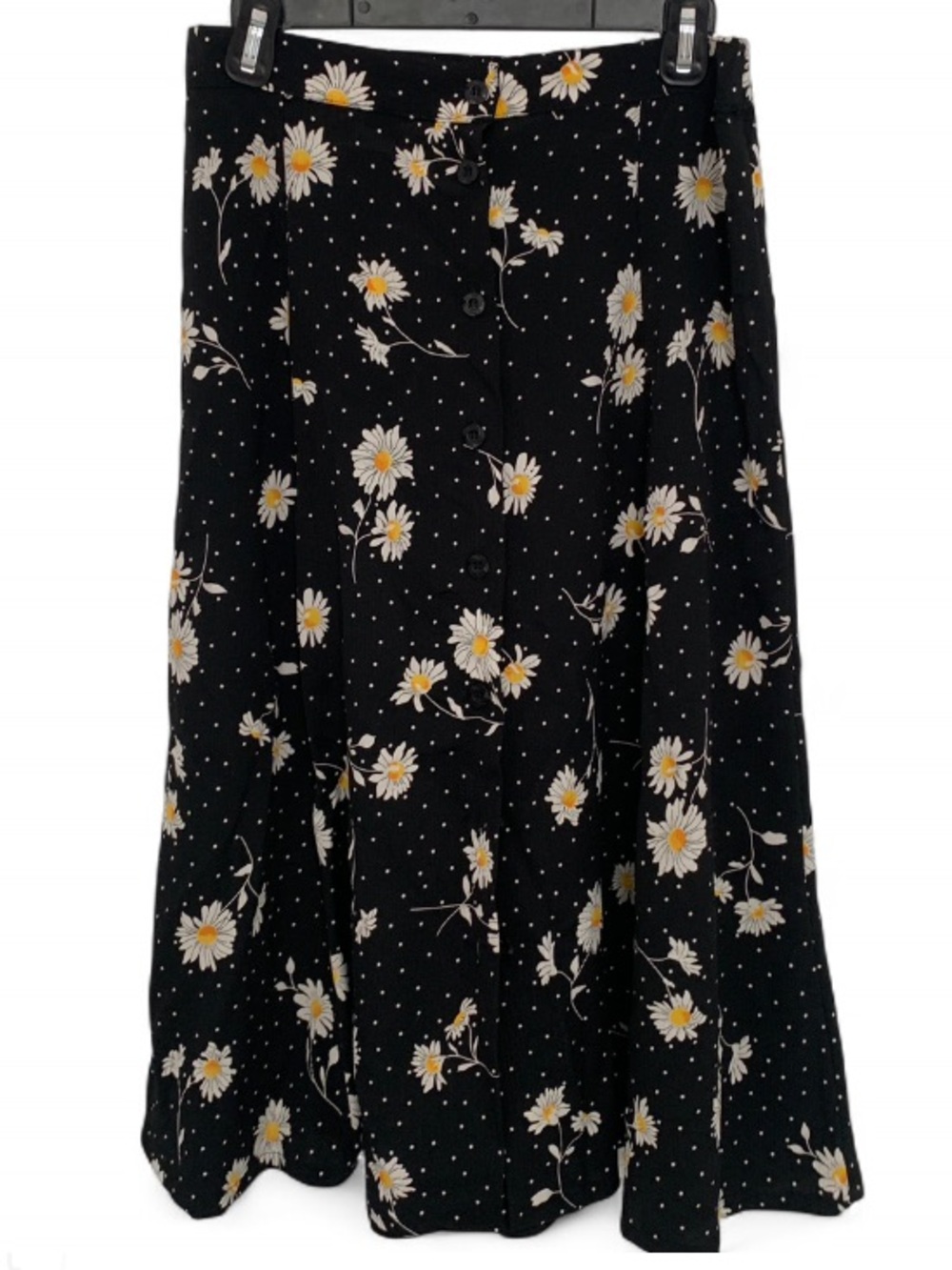 Y2K Alfred Dunner Black Daisy Button Midi Skirt with White & Yellow Floral Print